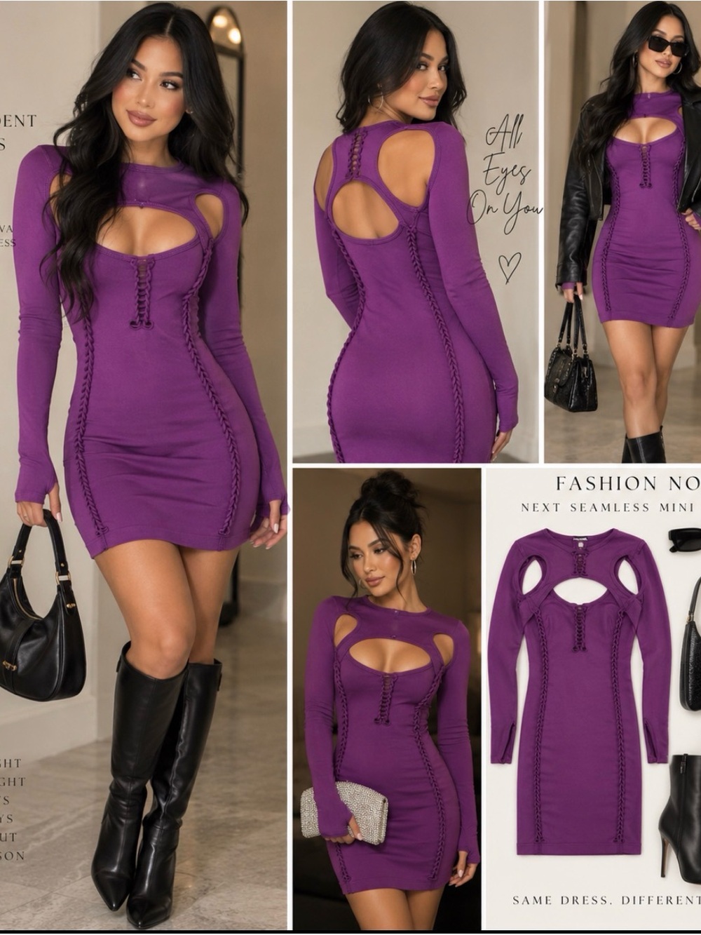 Y2K Sexy Body con Club Wear Fashion Nova Purple Cutout LaceUp Bodycon Mini Dress
